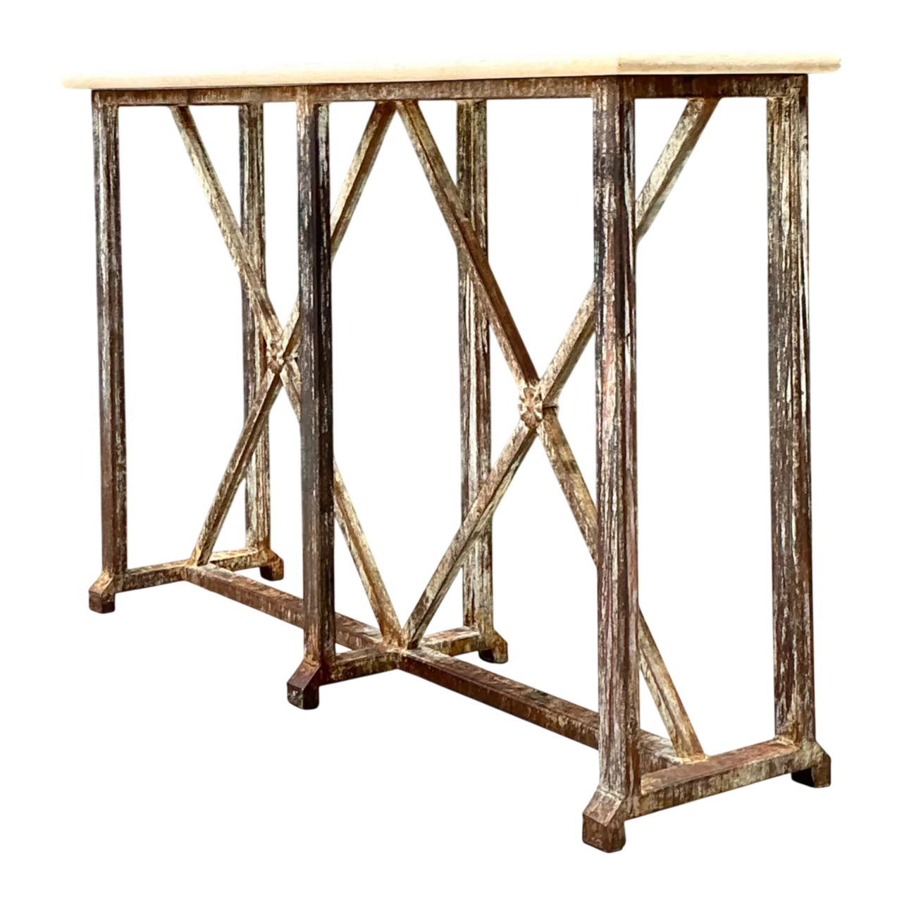Vintage Patinated Metal And Stone Console Table