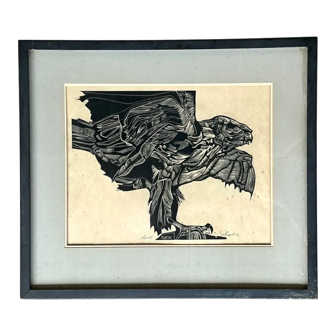 Vintage Framed Hawk Woodcut Art
