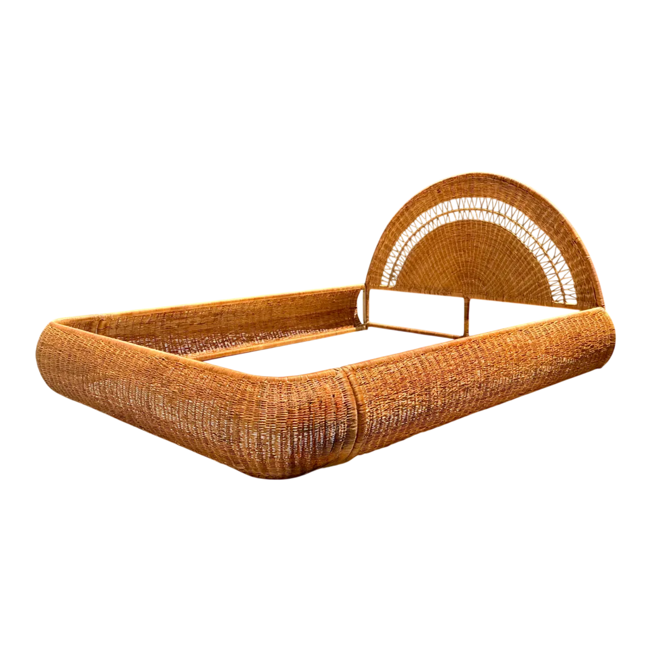 Vintage Woven Rattan Queen Bed Frame