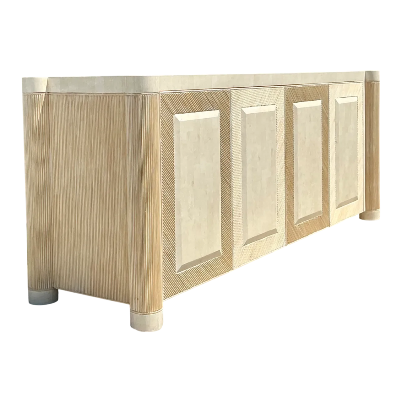 Vintage Washed Pencil Reed Credenza With Travertine Top
