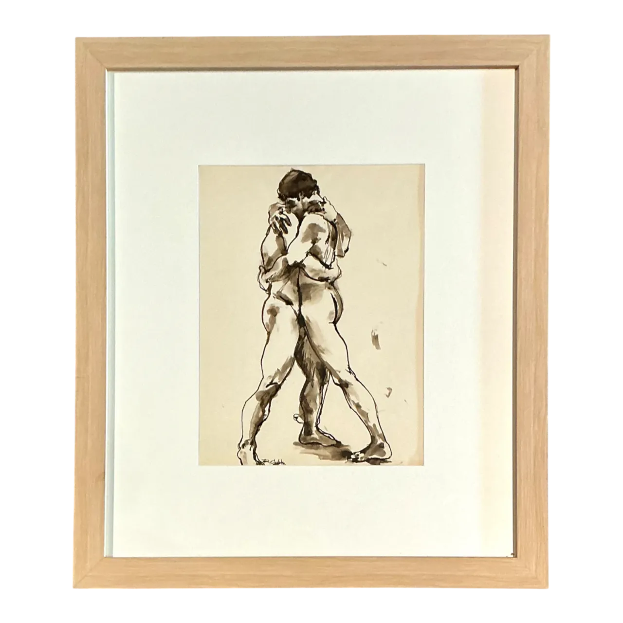 Vintage Framed Figurative Sketch on Paper