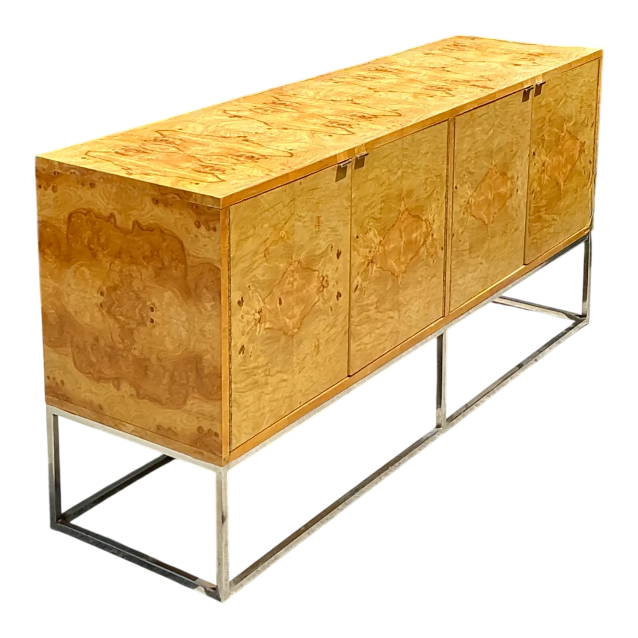 Vintage Bernhardt “Flair” Burl Wood Credenza on Chrome Base