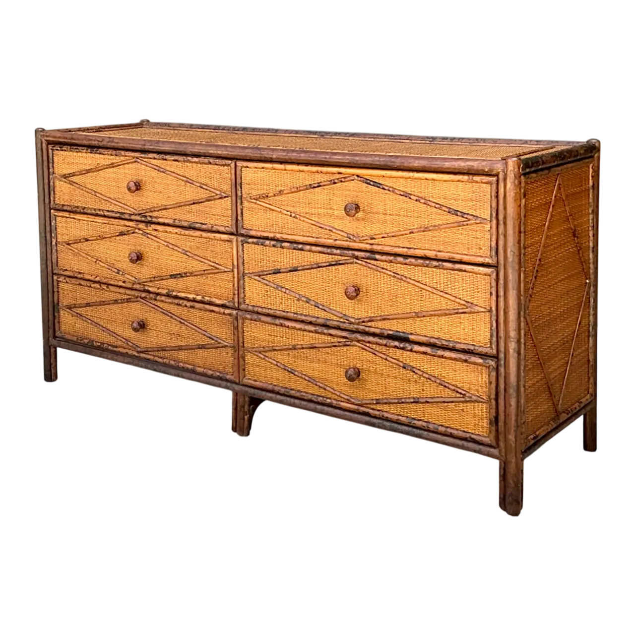 Vintage Diamond Rattan and Wood Six-Drawer Dresser