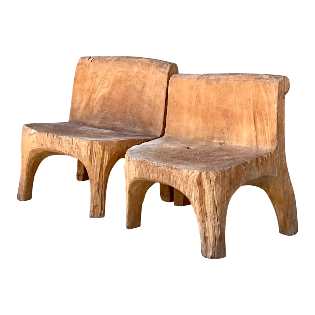 Vintage Carved Wood Low Stools - Pair