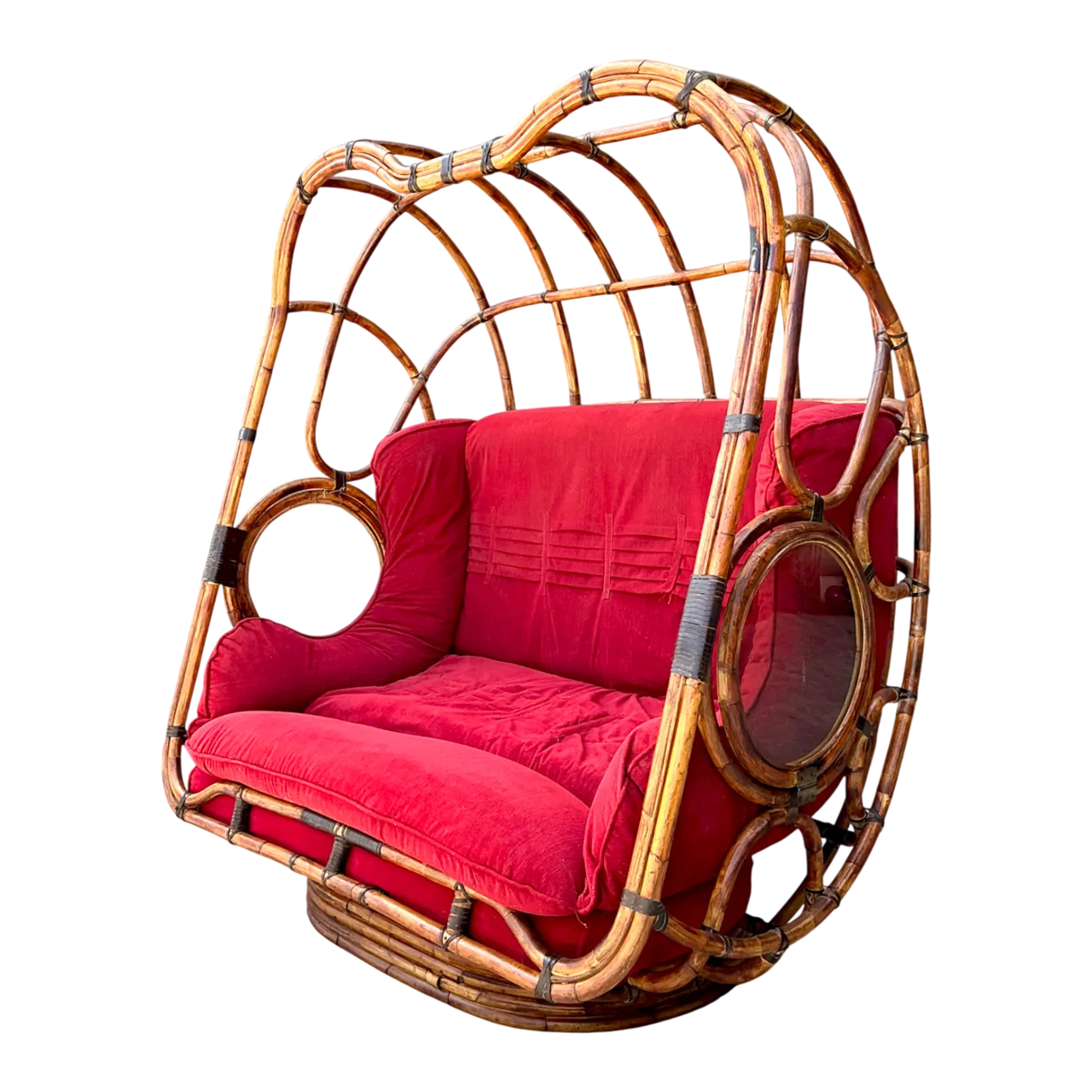 Vintage Boho Rattan Swivel Lounge Hooded Loveseat