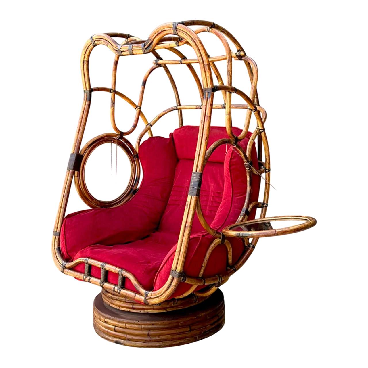 Vintage Bent Rattan Swivel Lounge Chair With Flip Down Side Tables
