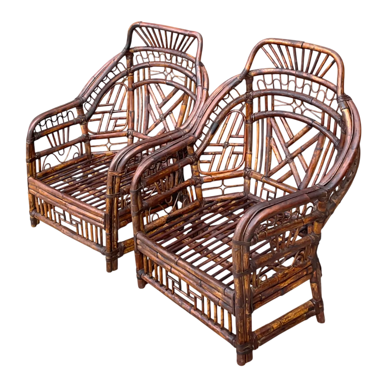 Vintage High Back Brighton Rattan Lounge Chairs - A Pair