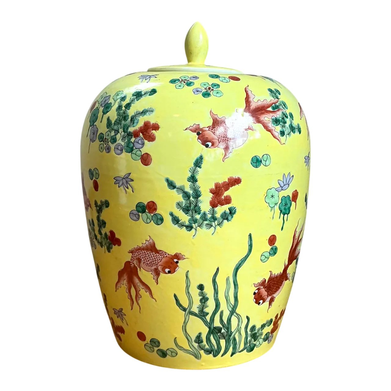 Vintage Yellow Ceramic Fish Motif Jar
