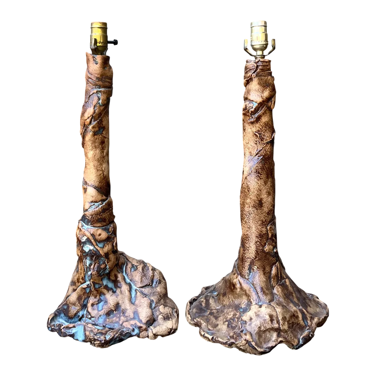 Vintage Hand Made Faux Bois Ceramic Lamps - A Pair