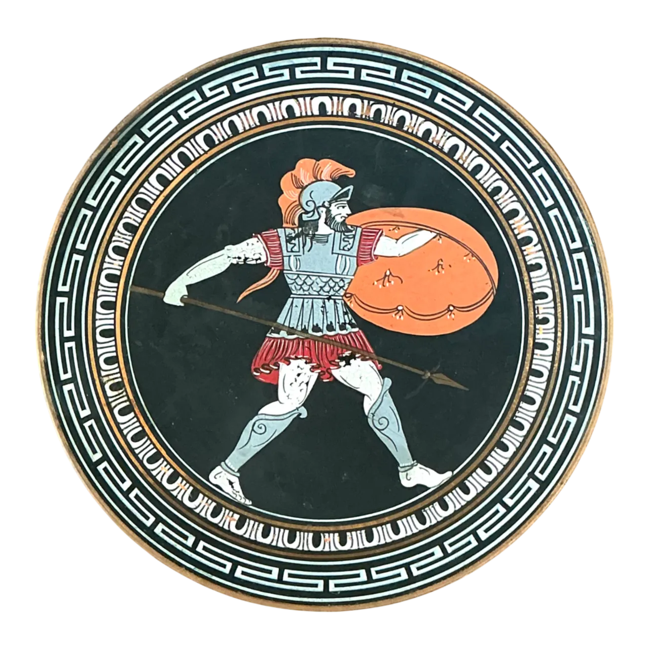 Vintage Painted Metal Plate with Greek Warrior