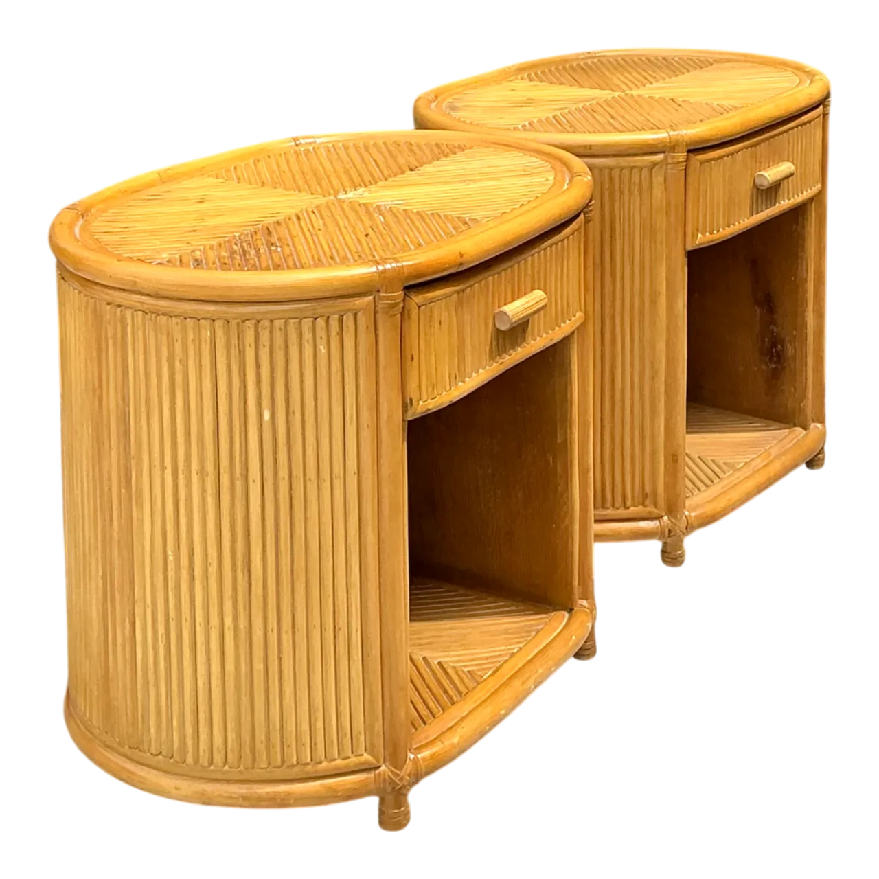 Vintage Rattan Oval Nightstands - A Pair