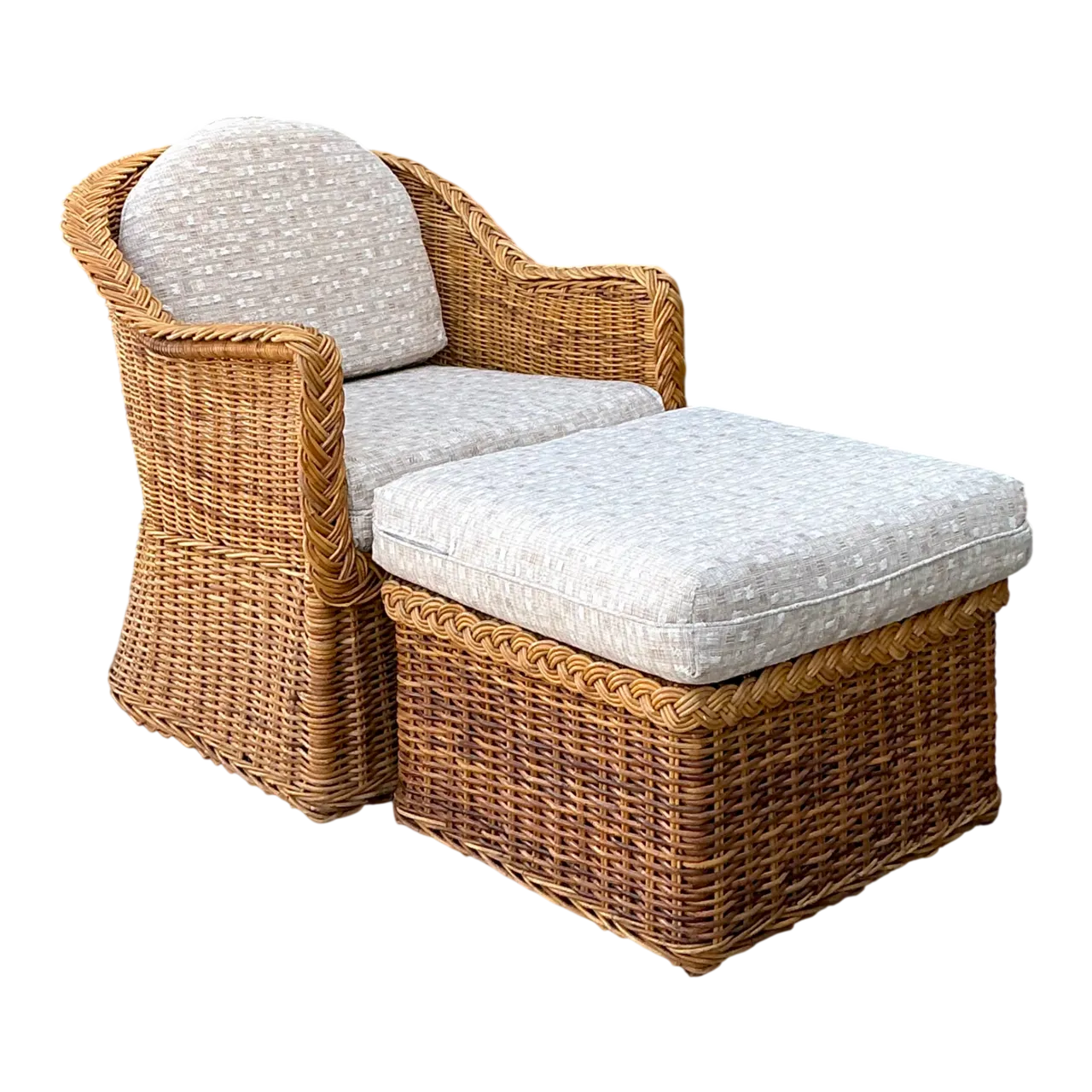 Vintage Braided Rattan Lounge Chair and Ottoman
