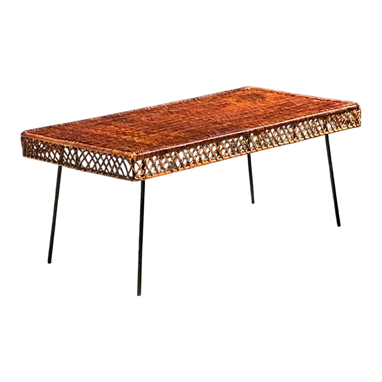 Vintage Woven Rattan and Metal Coffee Table