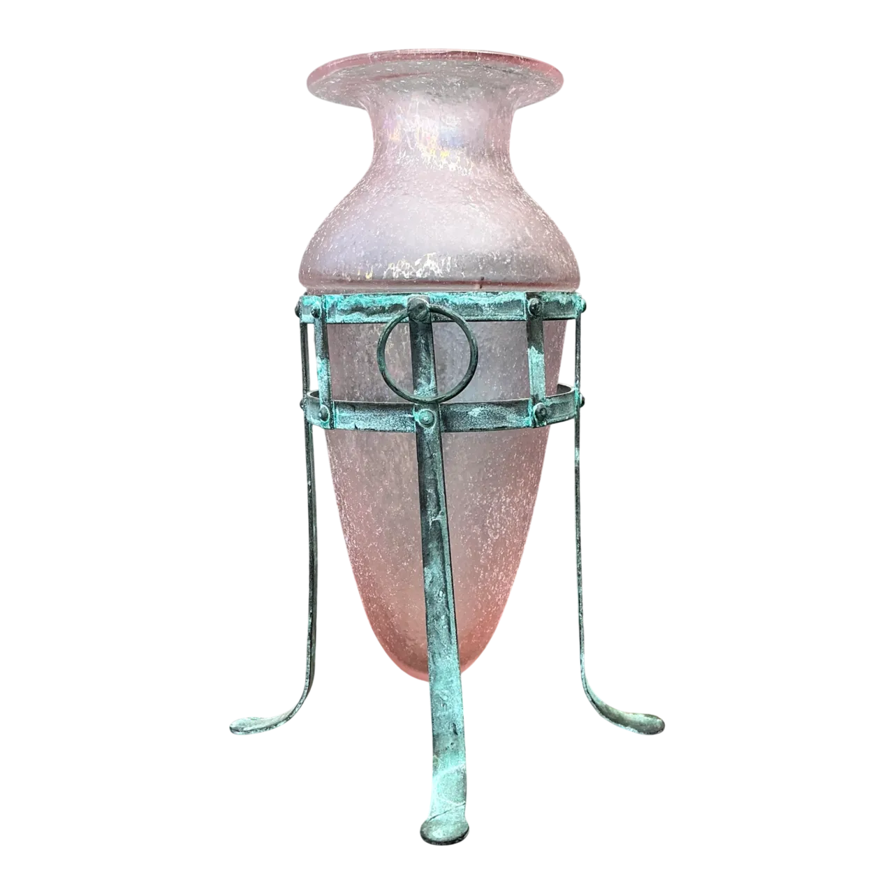 Vintage Patinated Metal Frame Glass Vase