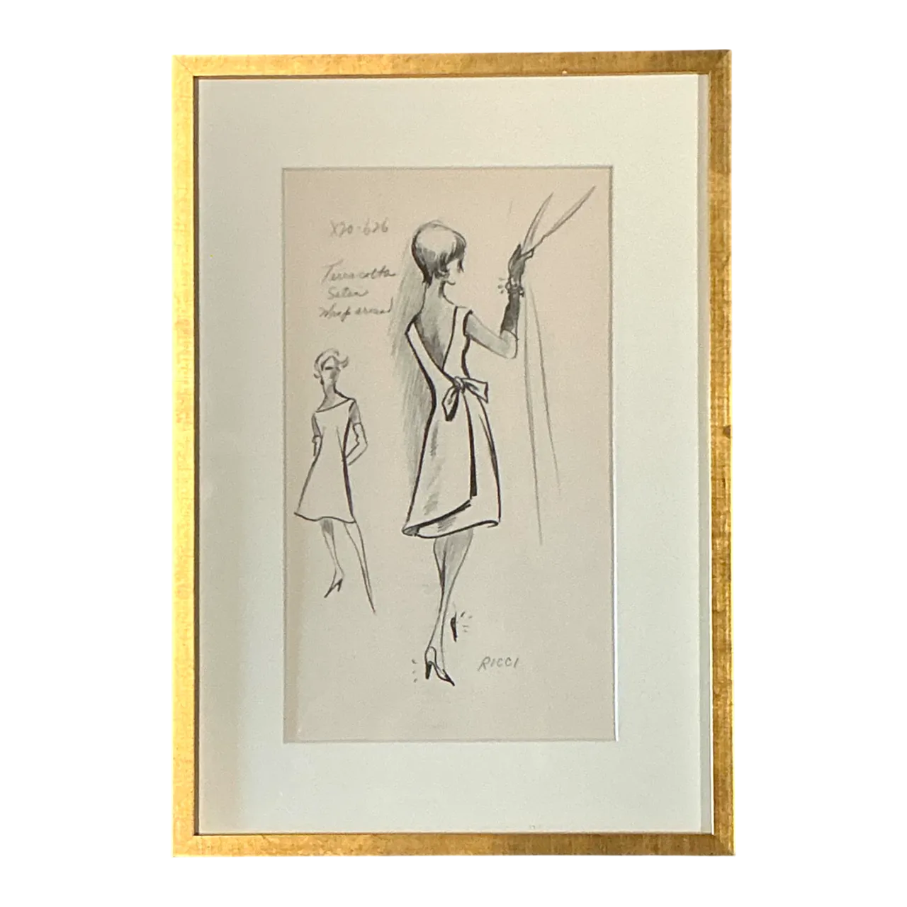 Vintage Nina Ricci Fashion Sketch in Gold Frame