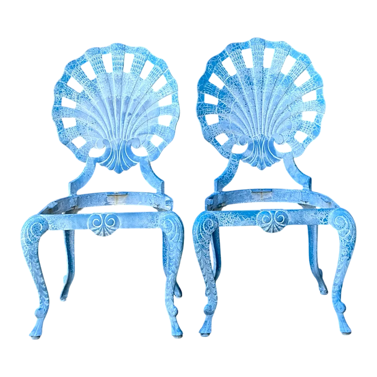 Vintage Blue Metal Shell Back Grotto Chairs - A Pair