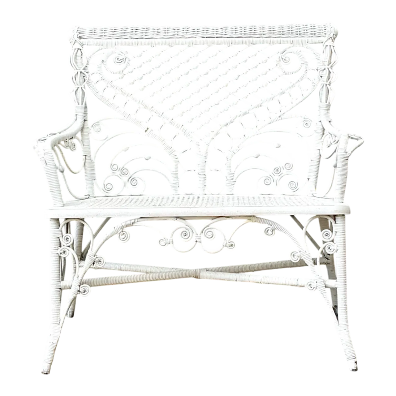 Vintage White Fiddlehead Rattan Garden Bench