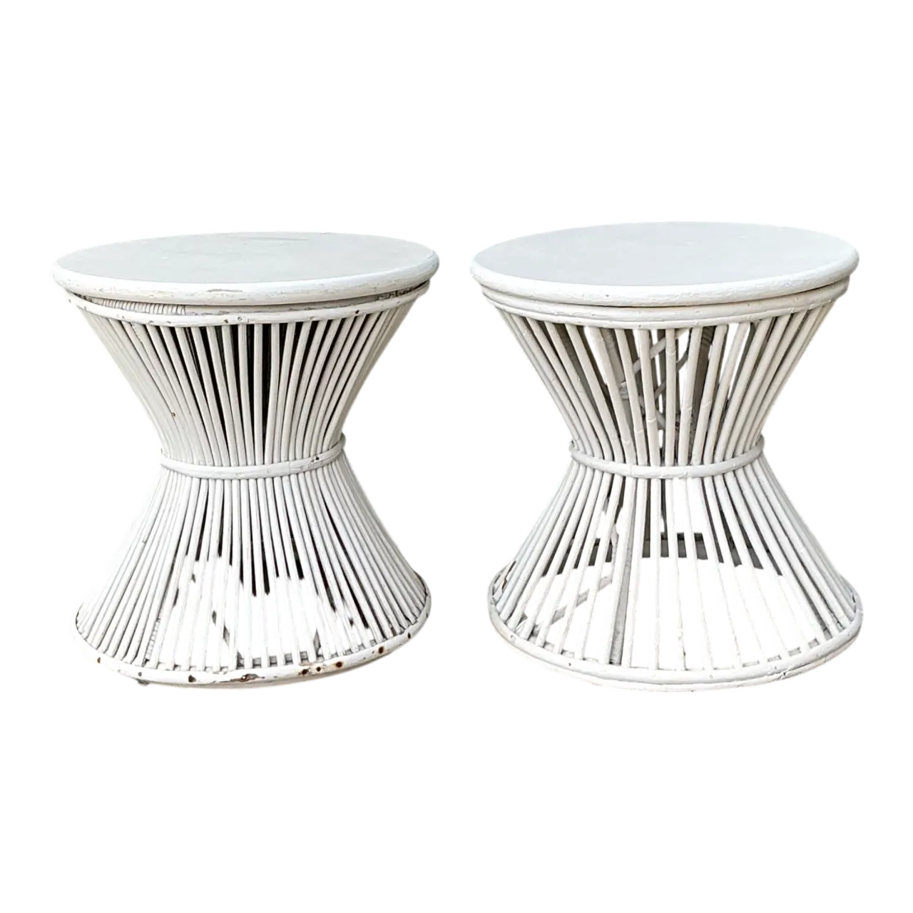 Vintage White Stick Rattan Hourglass Tables - A Pair