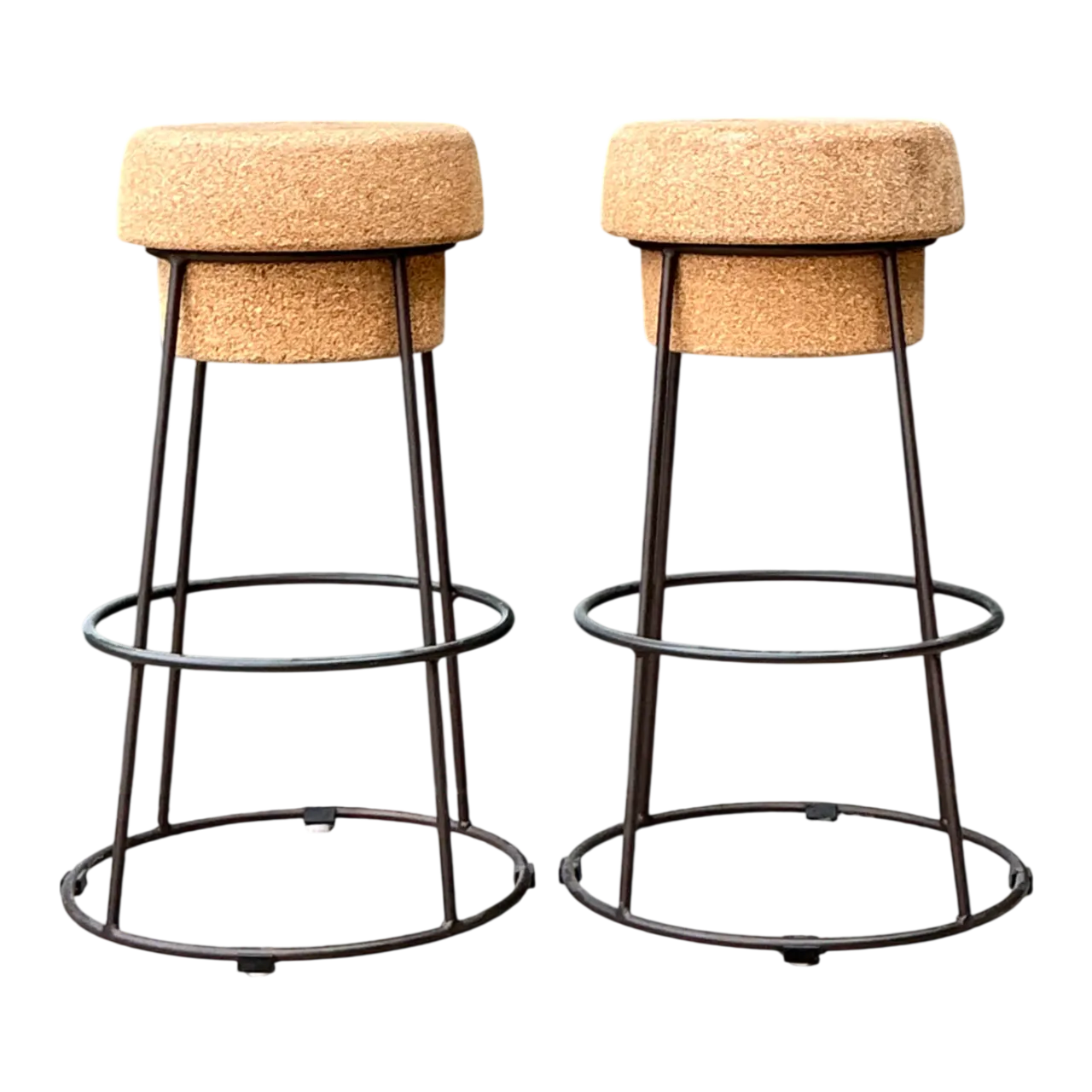 Vintage Cork and Metal Bar Stools - A Pair