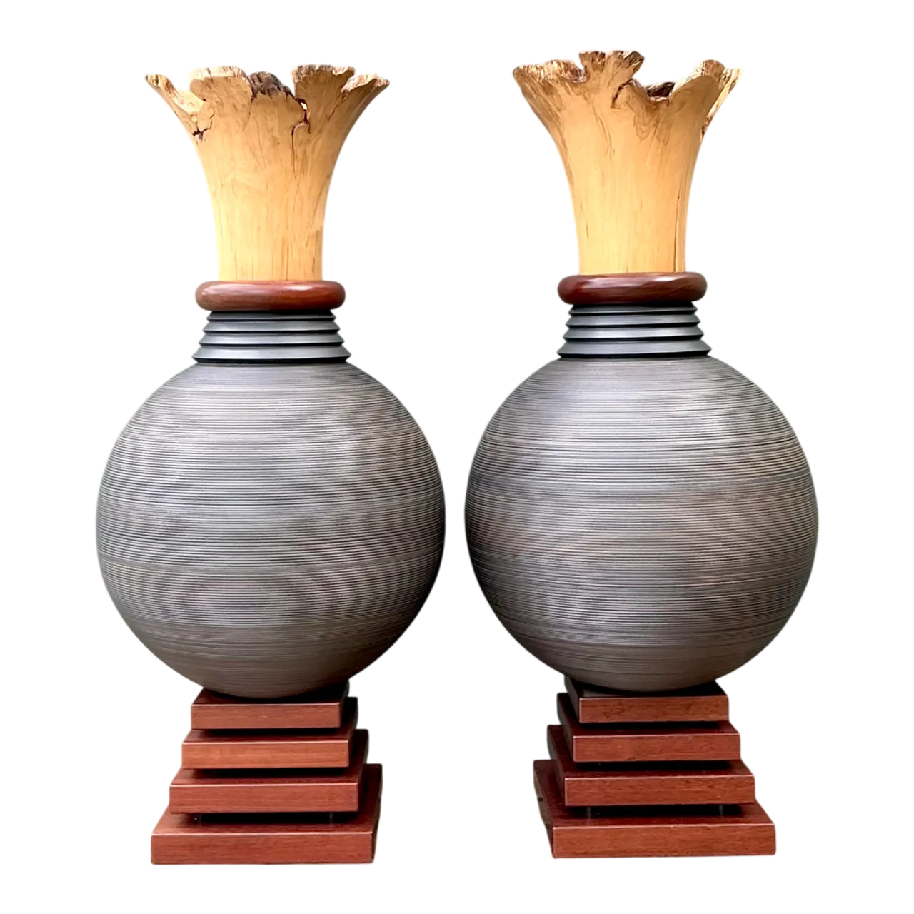 Vintage Monumental Sculptural Wood Urns - A Pair