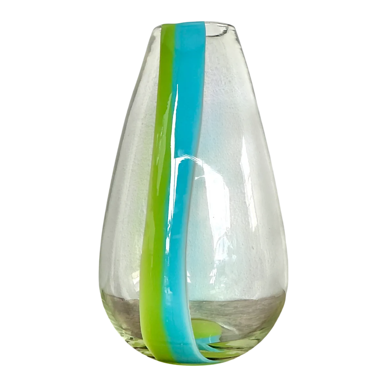 Vintage Clear Glass Vase with Blue and Green Stripes