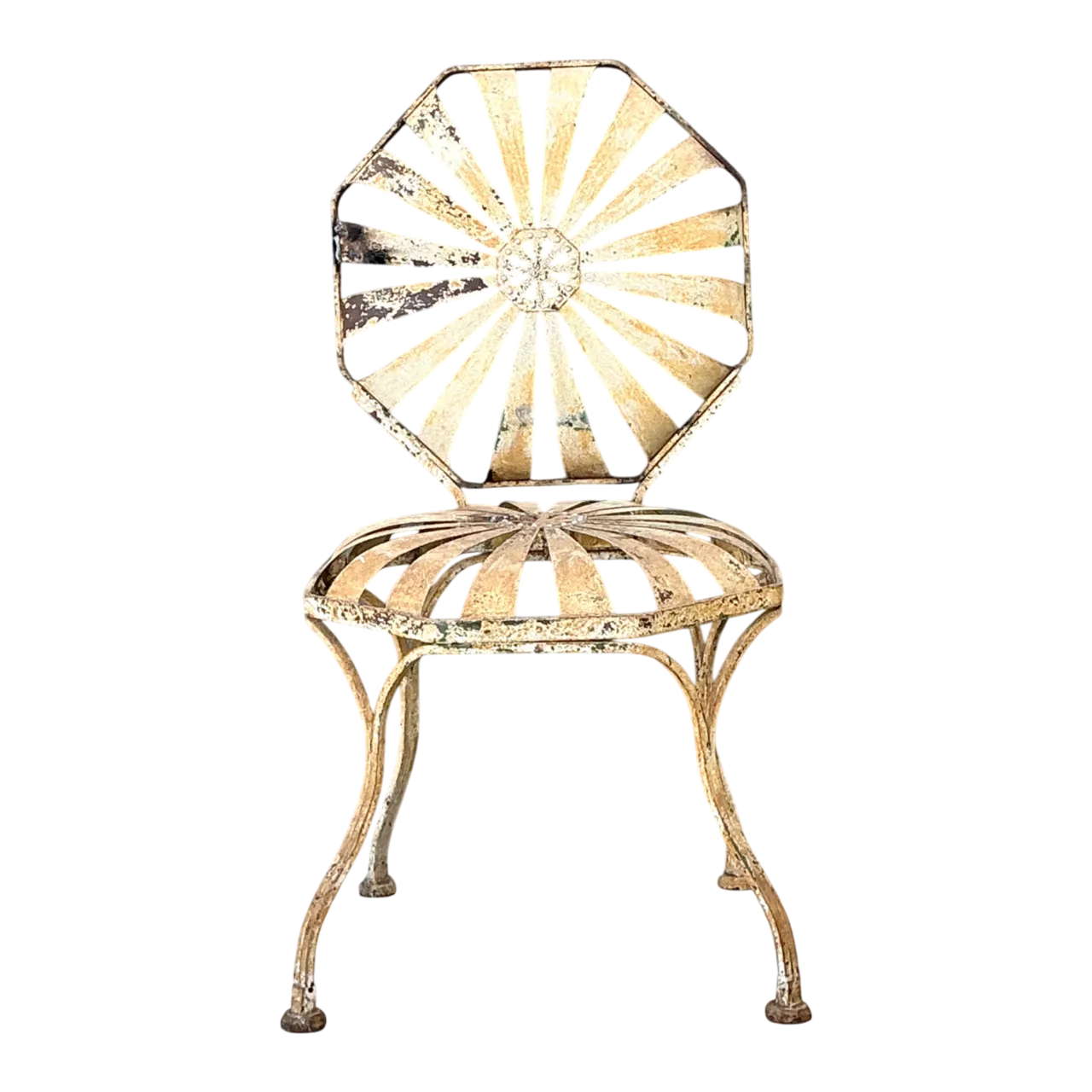 Vintage Heavily Distressed Francois Carre Sunburst Metal Chair