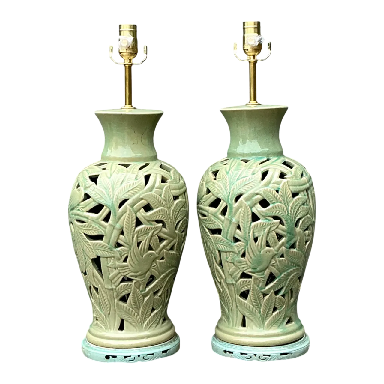 Vintage Cutout Green Ceramic Table Lamps - Pair
