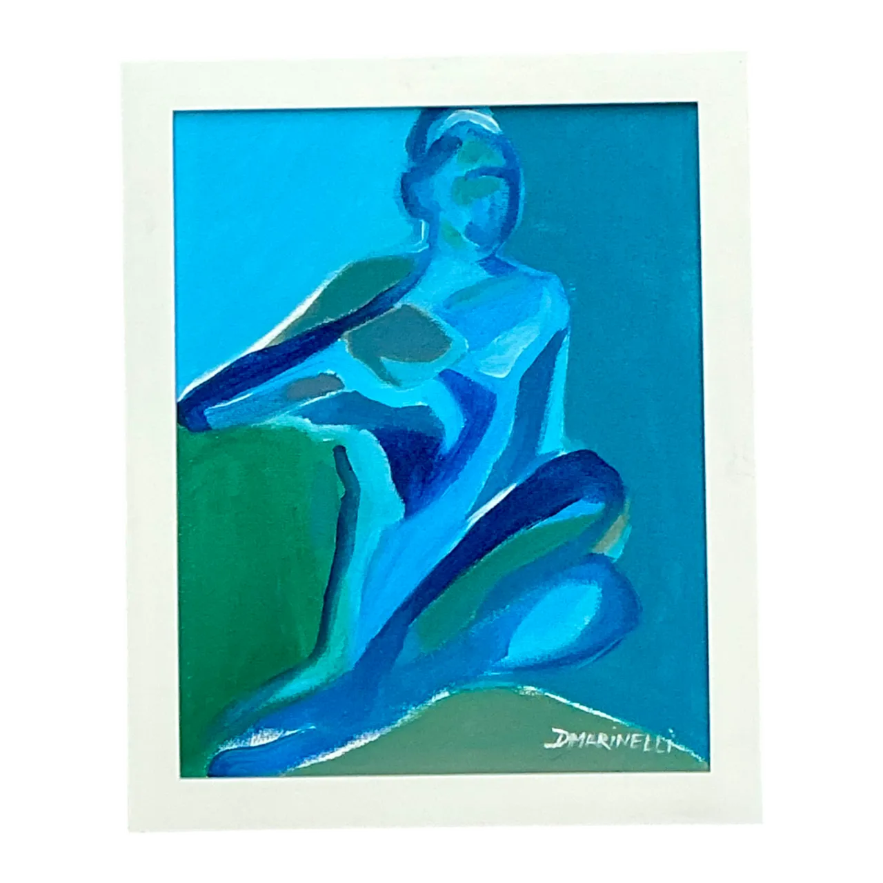 Vintage Figurative Blue Acrylic Oil In Canvas