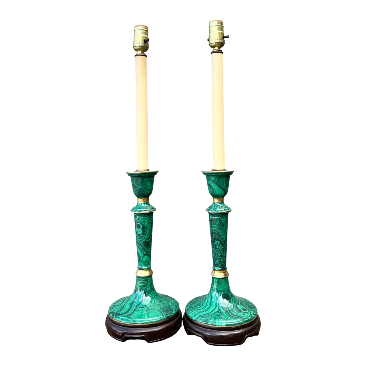 Vintage Green Lacquered Candlestick Table Lamps - Pair
