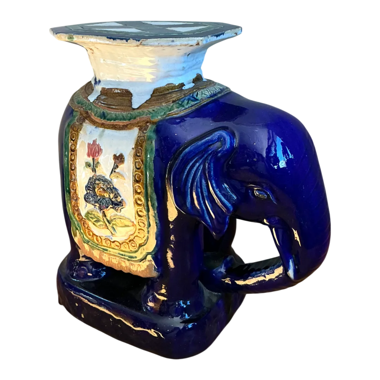Vintage Painted Terracotta Elephant Low Stool