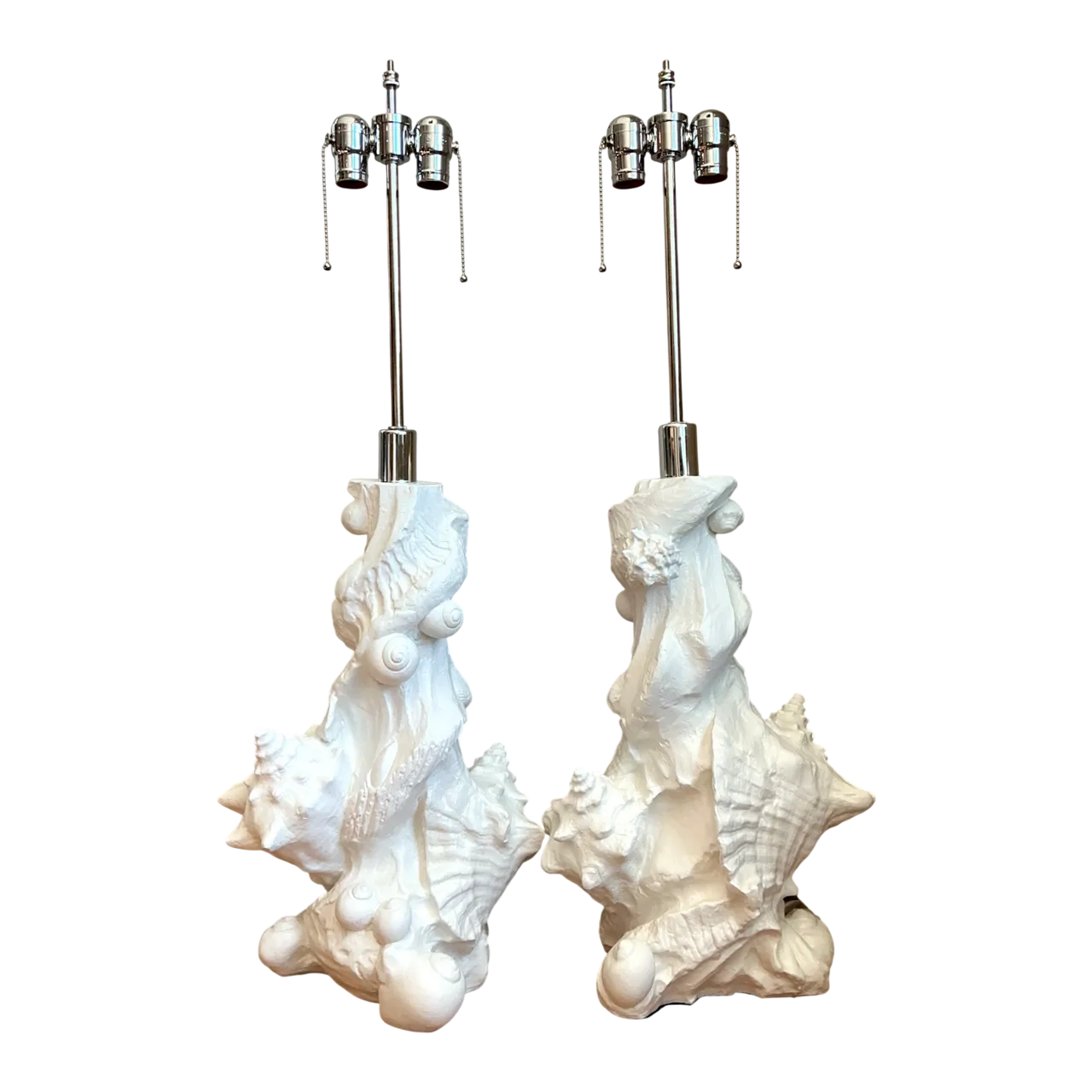 Vintage White Plaster Shell Table Lamps - Pair