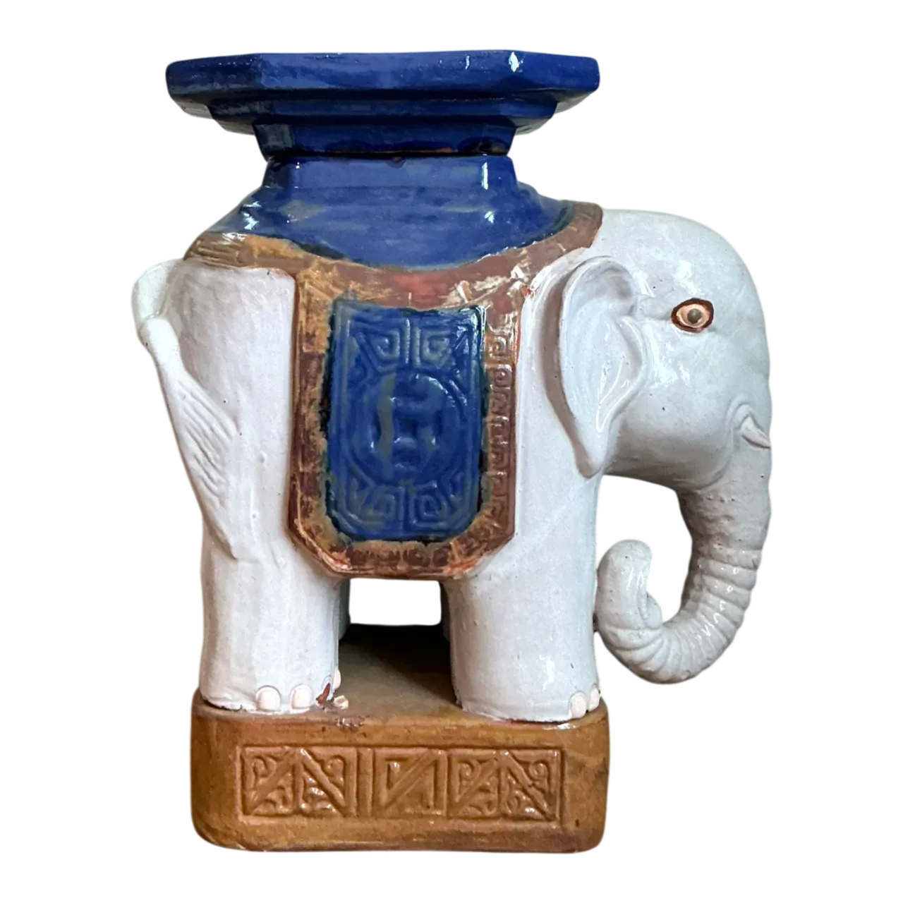 Vintage Glazed Ceramic Elephant Low Stool