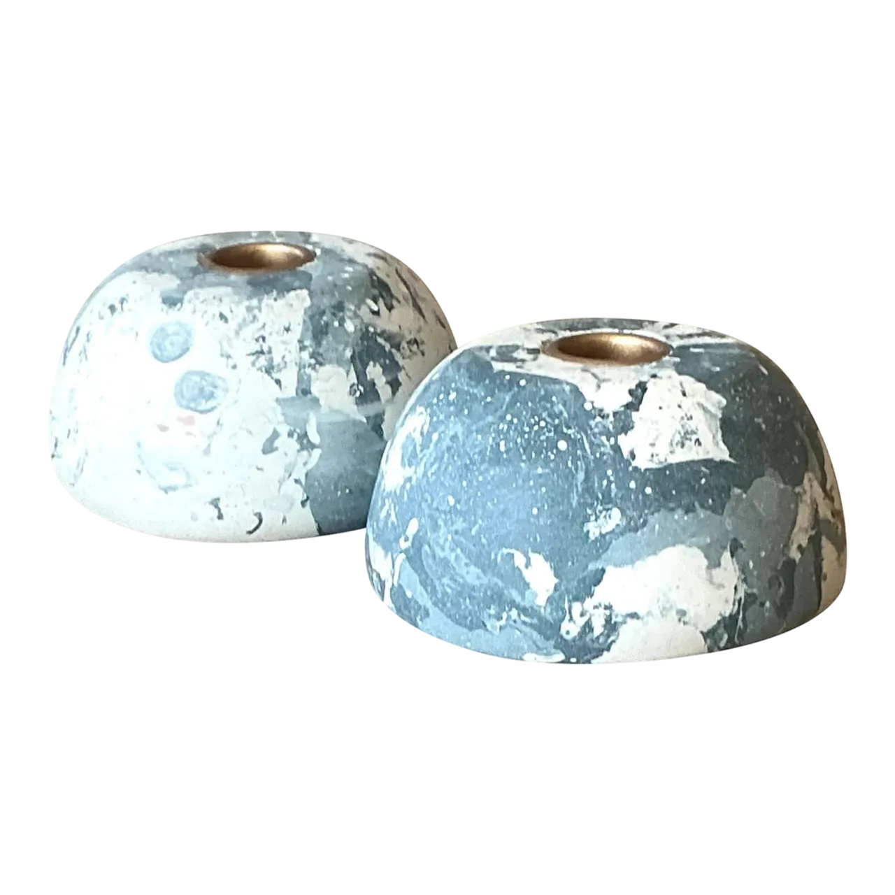 Boho Artisan Pigmented Plaster Scagliola Low Dome Candlestick Holders - Set of 2