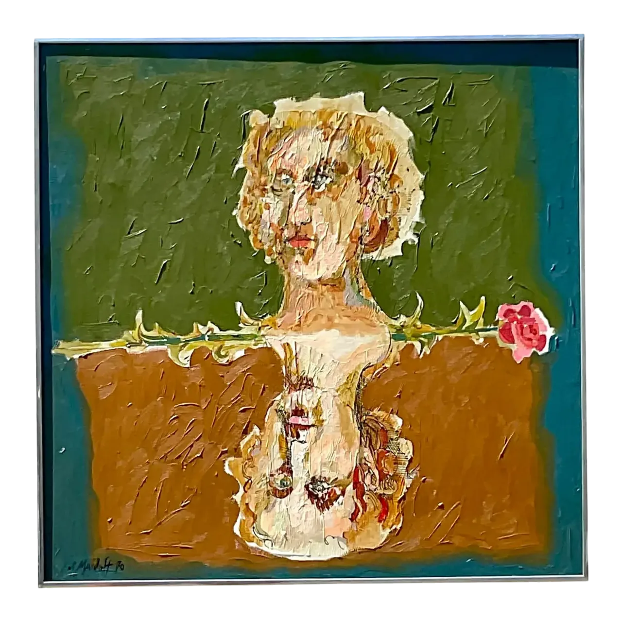 Late 20th Century Vintage Boho Abstract Figural Oil on Canvas Original Painting, Framed