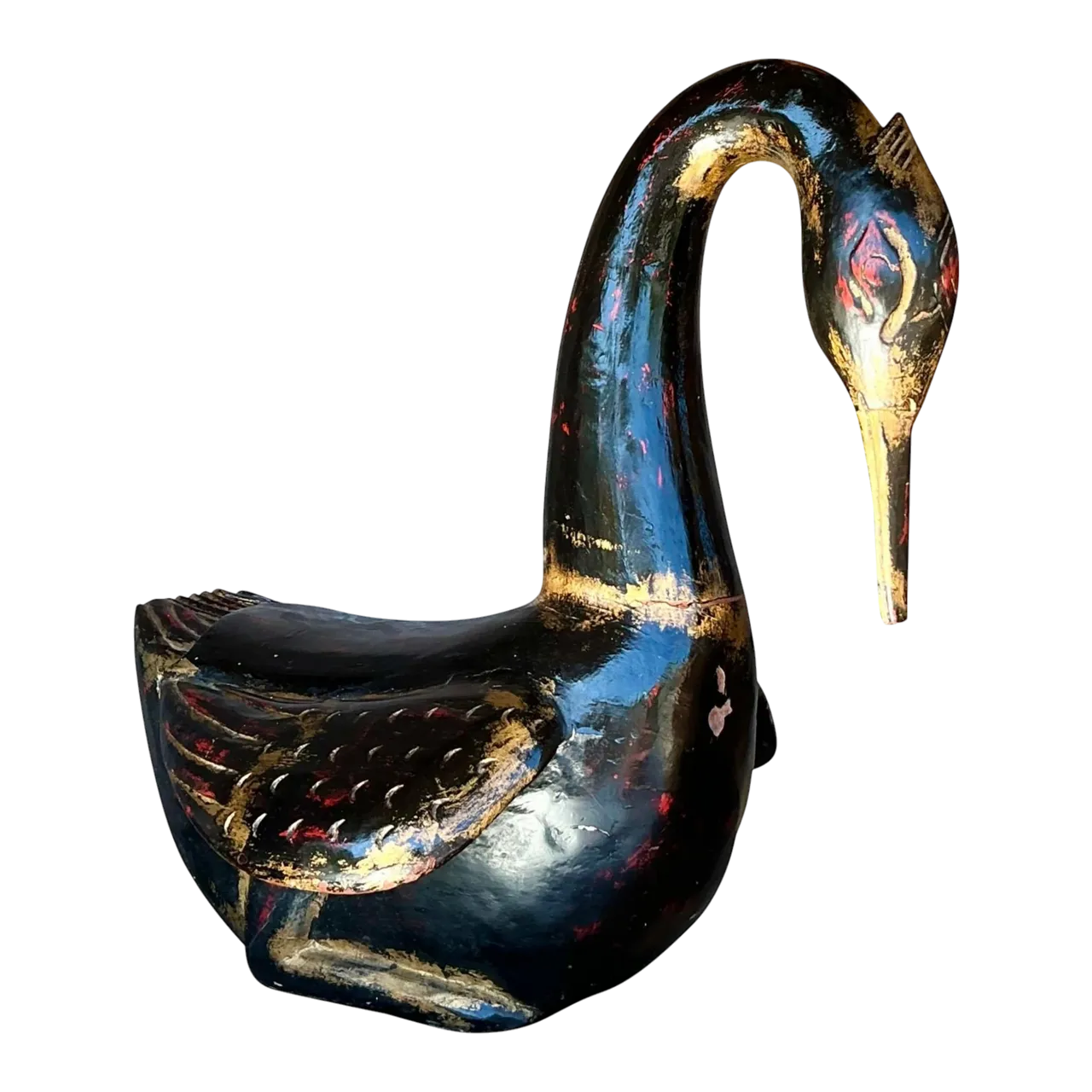 Late 20th Century Vintage Boho Hand Painted Carved Wood Swan