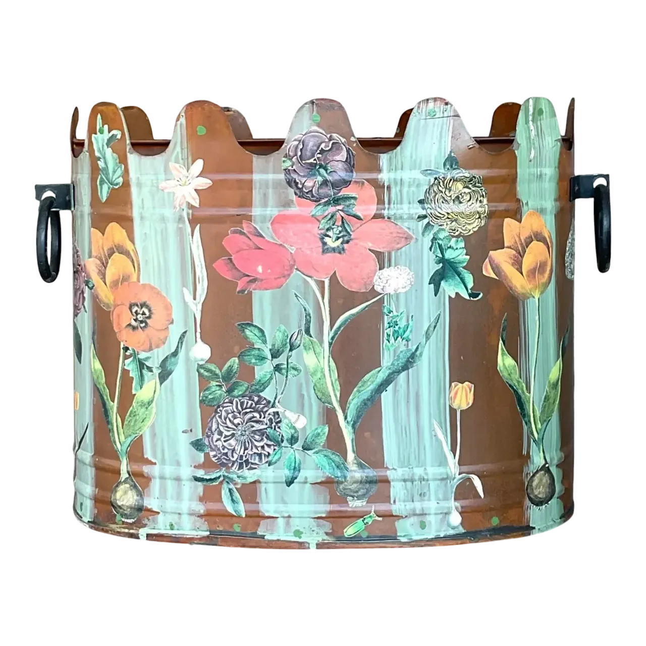 Late 20th Century Vintage Boho Hand Painted Metal Cache Pot