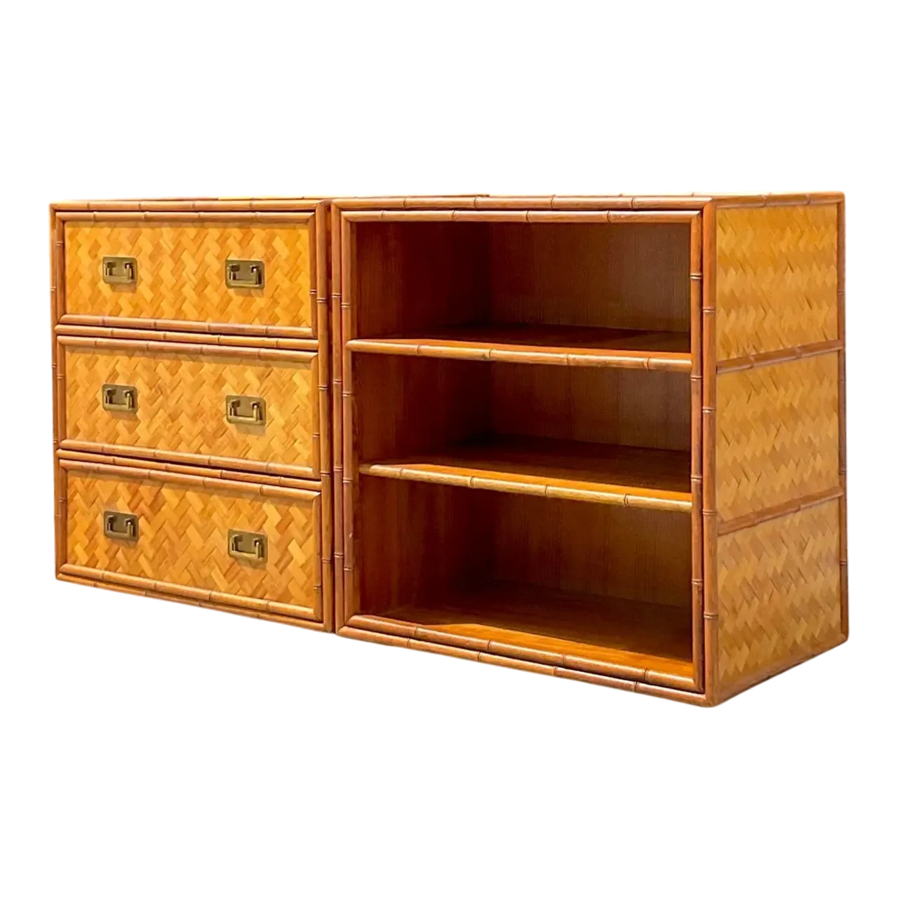 Late 20th Century Vintage Coastal Parquet Rattan Credenza Set of 2