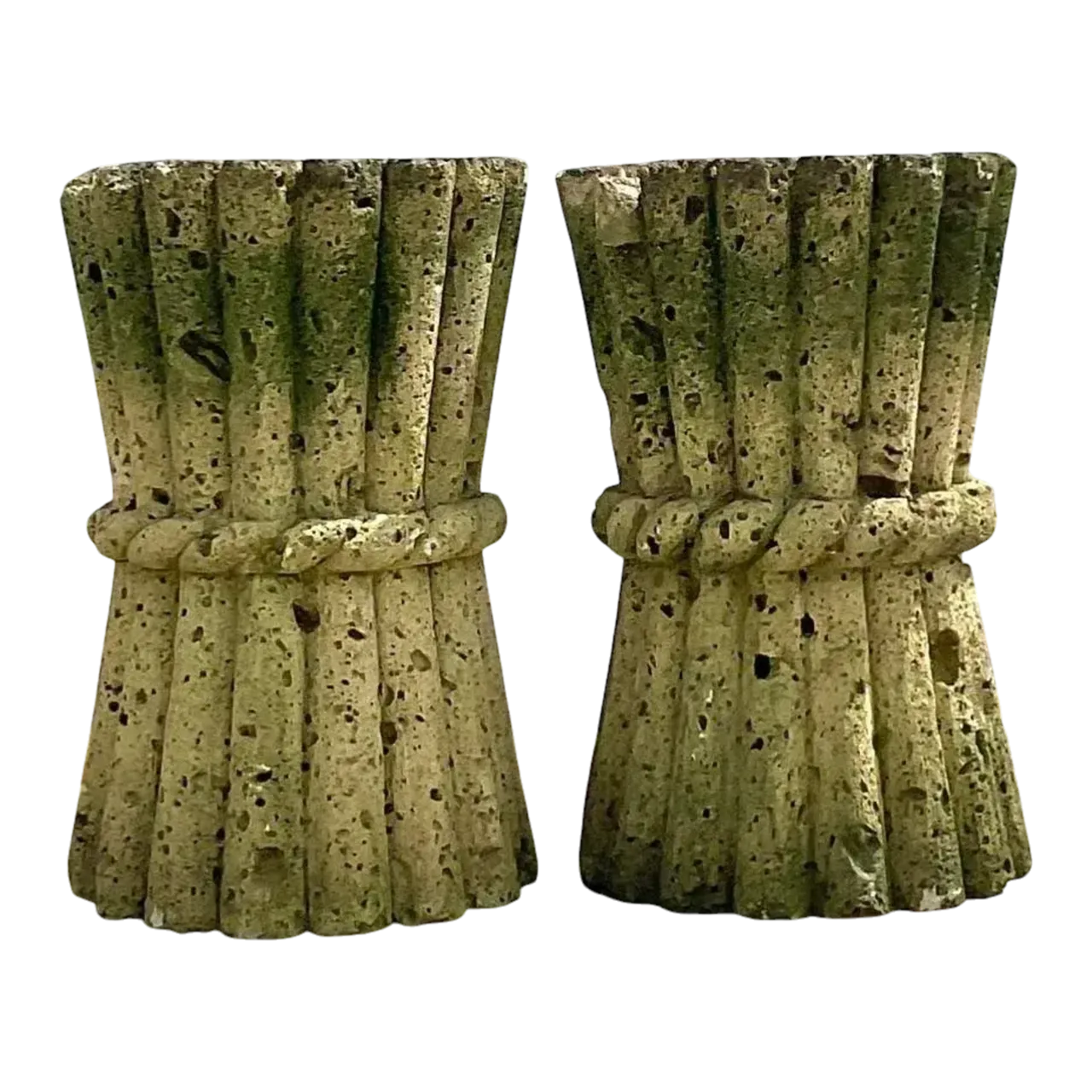 Mid 20th Century Vintage Boho Cut Coquina Stone Bamboo Table Pedestals - a Pair