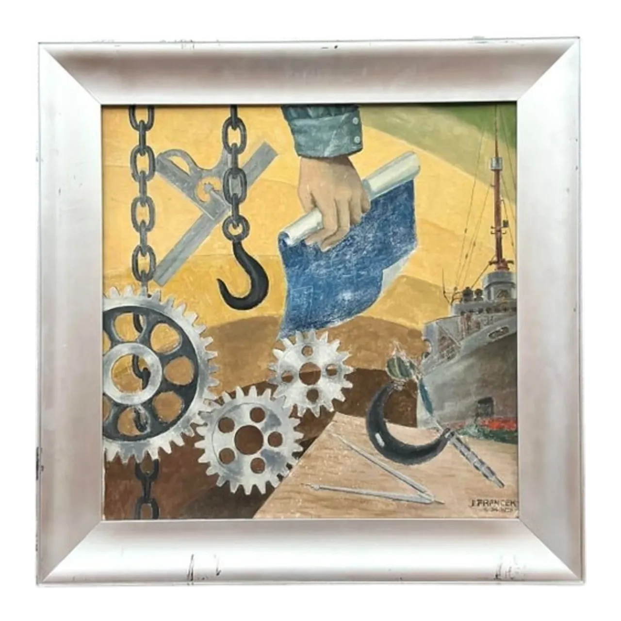 Mid 20th Century Vintage Boho Wpa Original Oil on Board