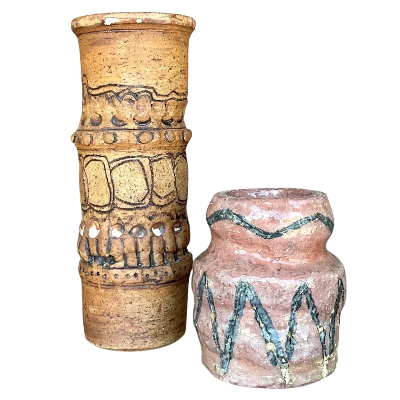 Vintage Boho Original Studio Pottery Vases - Set of 2 - Pottery, 4W x 9.75H