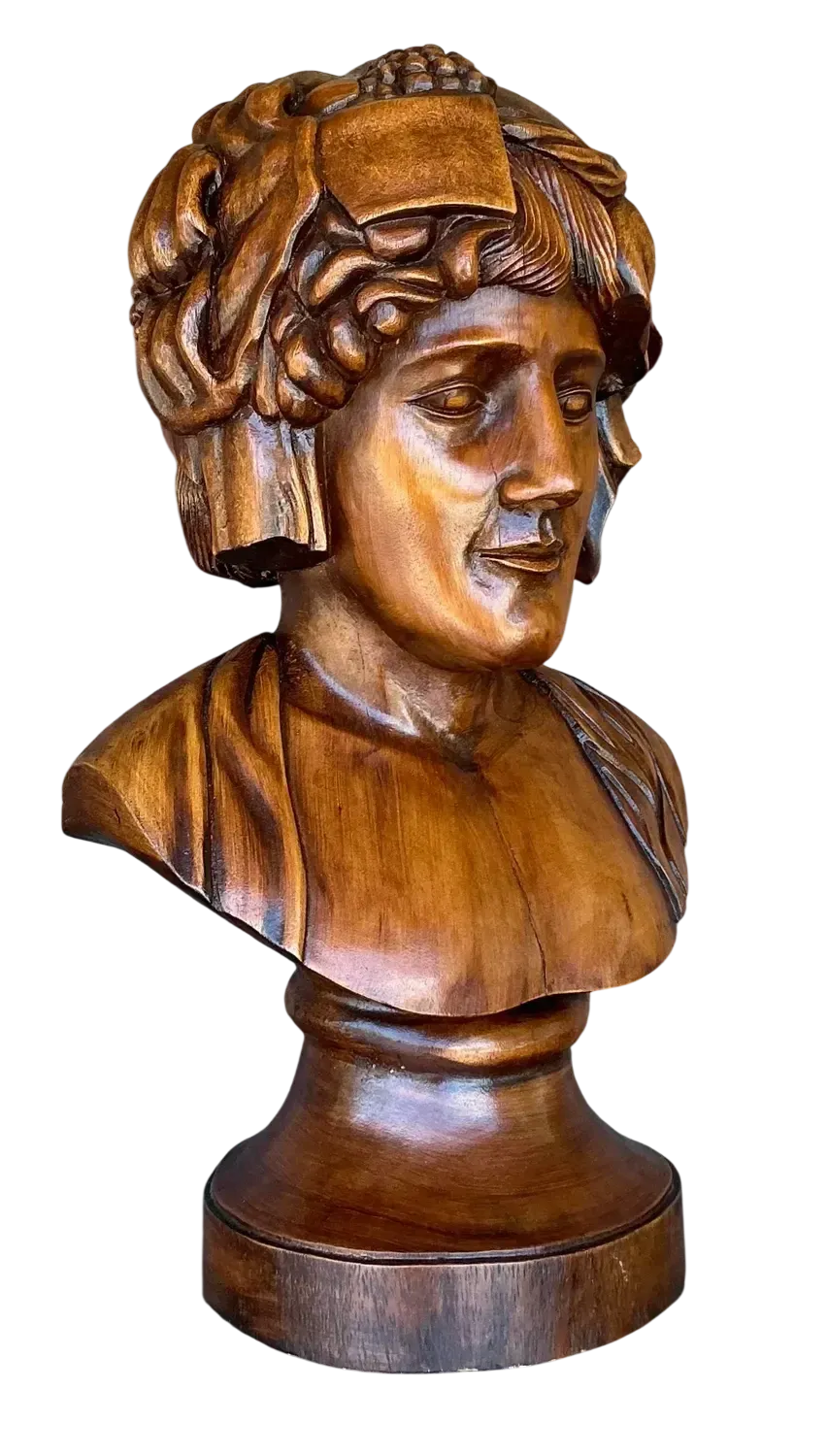 Vintage Boho Monumental Carved Wood Bust of Woman Sculpture