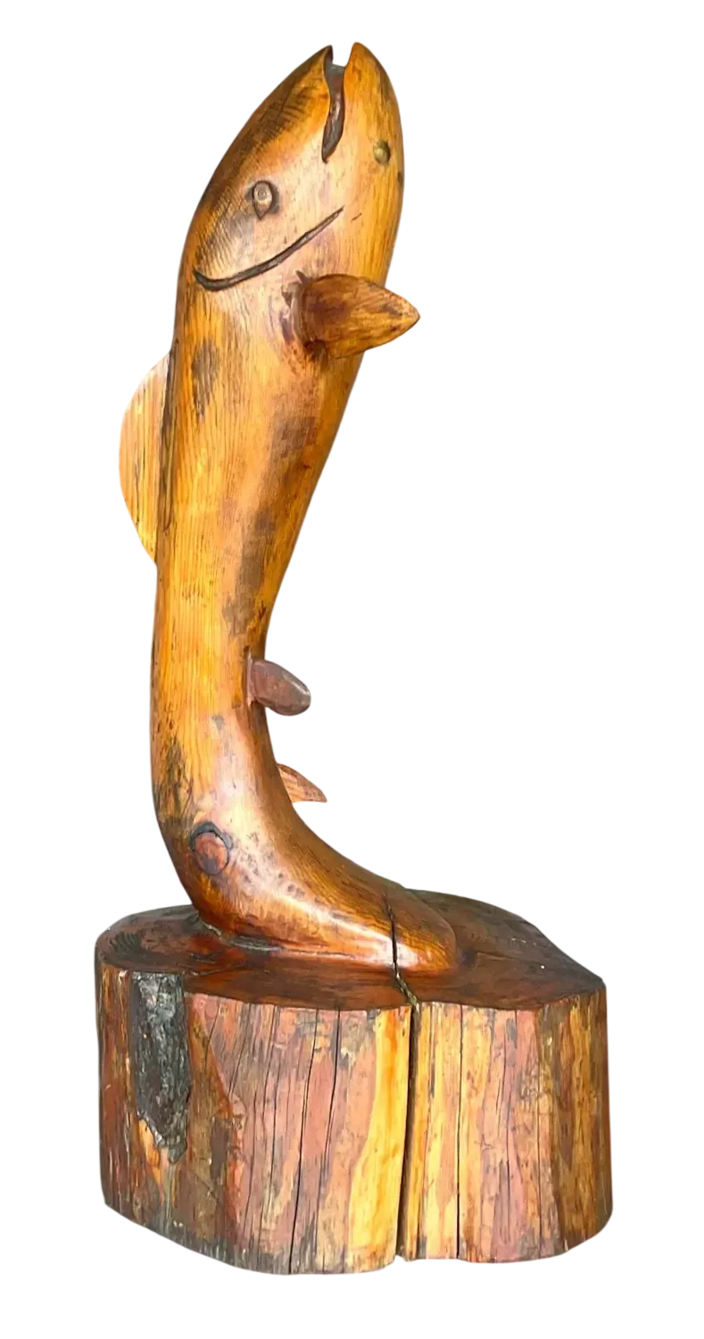 Vintage Primitive Hand Carved Wooden Fish Sculpture