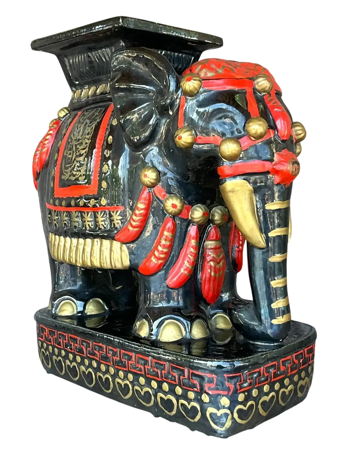 Vintage Boho Glazed Ceramic Elephant Low Stool