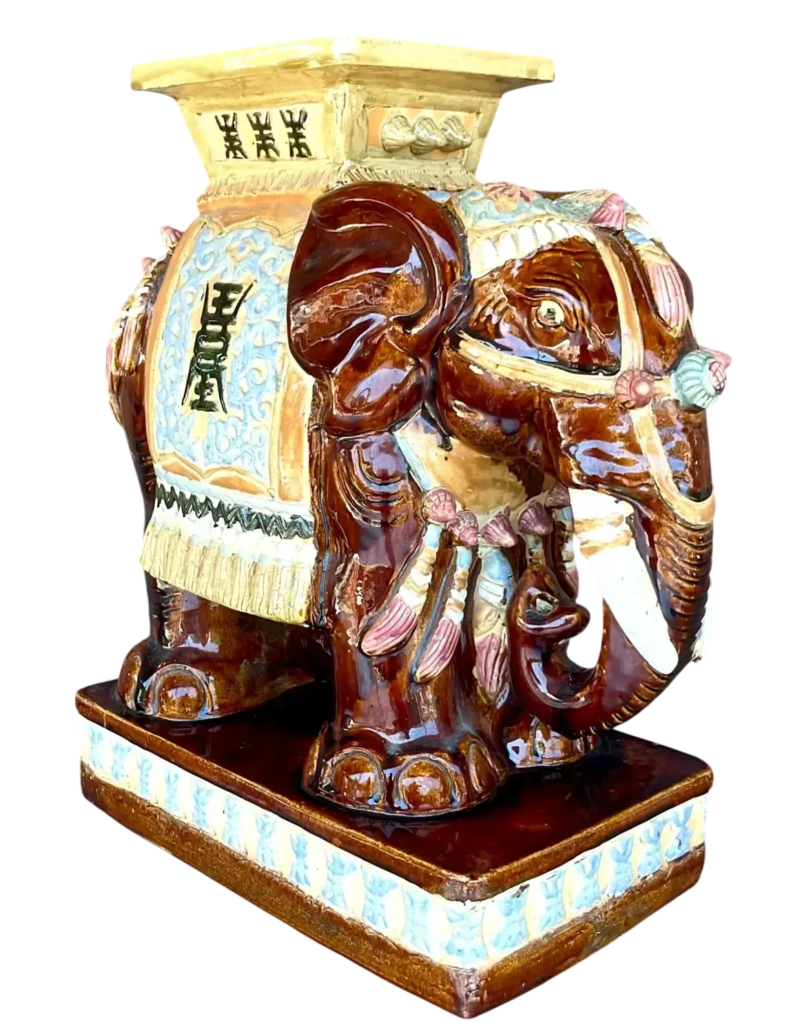 Vintage Boho Glazed Ceramic Elephant Stool