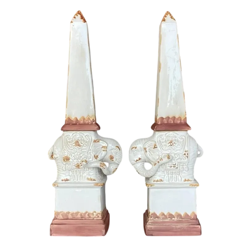 Vintage Boho Glazed Terra Cotta Elephant Obelisks - a Pair