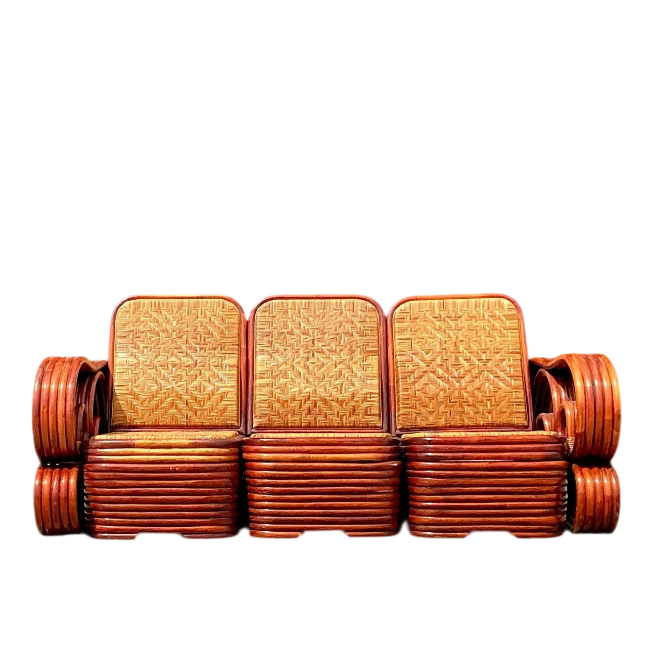 Vintage Coastal Scroll Rattan With Woven Rattan Seats 3 Piece Sofa
