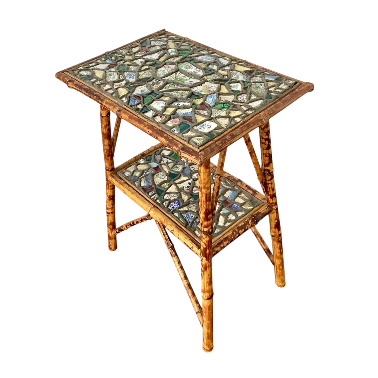Vintage Boho China Mosaic Bamboo Side Table