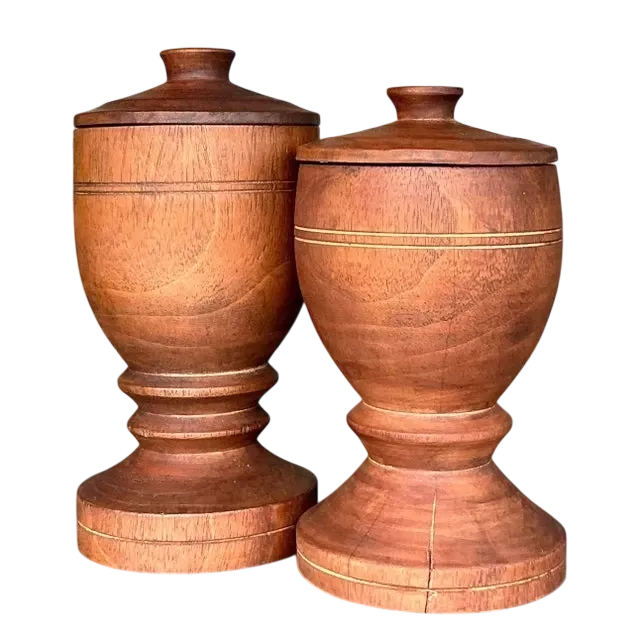 Vintage Boho Turned Wood Lidded Urns - a Pair