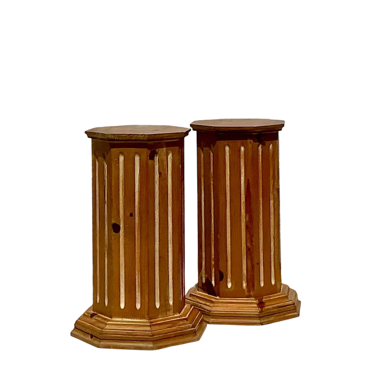 Vintage Boho Knotty Pine Column Pedestals - Set of 2