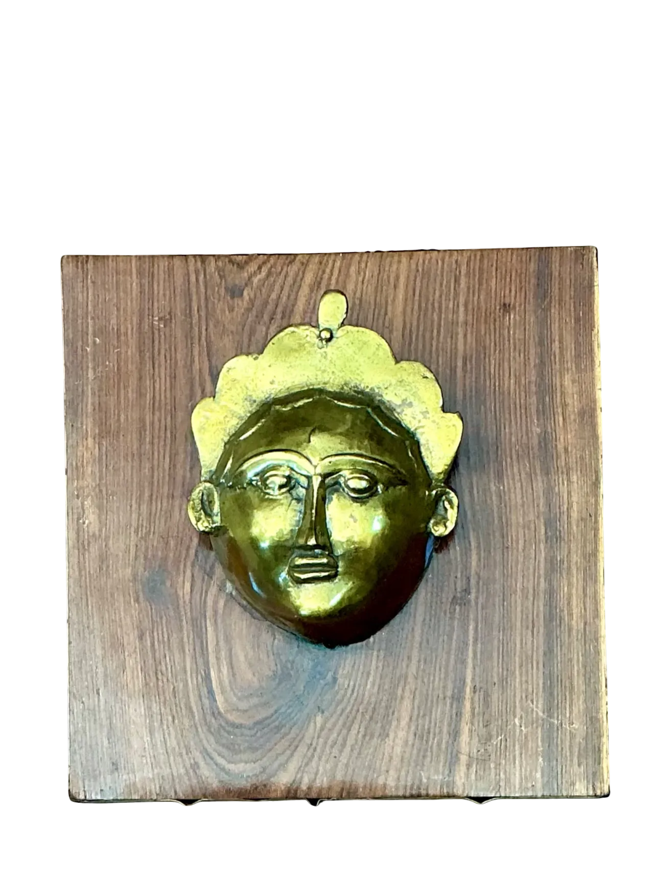 Vintage Brass Mask Mounted on Wood